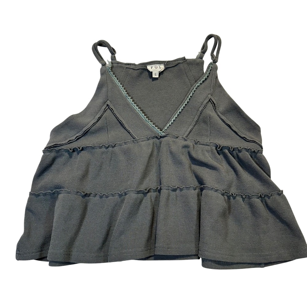 POL Waffle Knit Tank Top Womens Large Grey Boho Tiered Babydoll UKT212